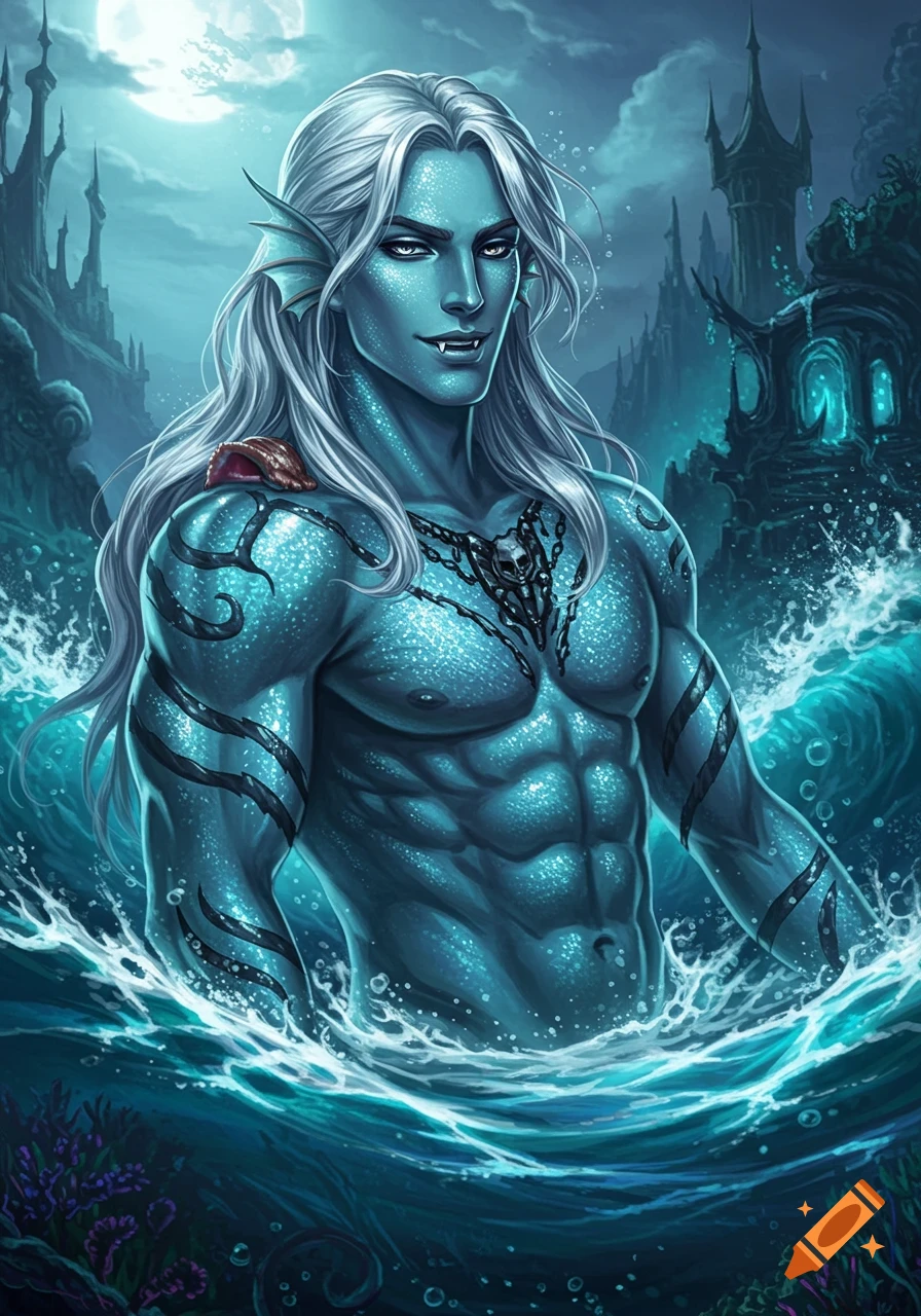 A muscular male siren with blue skin, white hair, and fangs emerges from dark water with a fantasy castle in the moonlit background, digital art.
