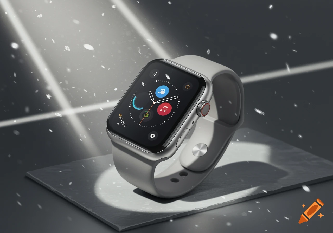 Photorealistic image of a silver smartwatch with a light gray band on a gray surface with dramatic lighting.