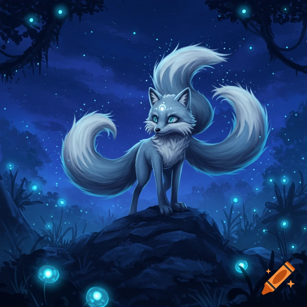 A stylized silver multi-tailed fox with blue eyes stands on a rock in a dark, glowing blue fantasy forest at night.