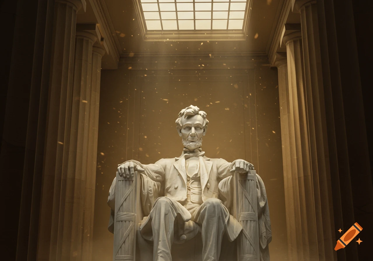 Photorealistic image of the Abraham Lincoln statue seated inside a grand, columned monument with light shining from above.