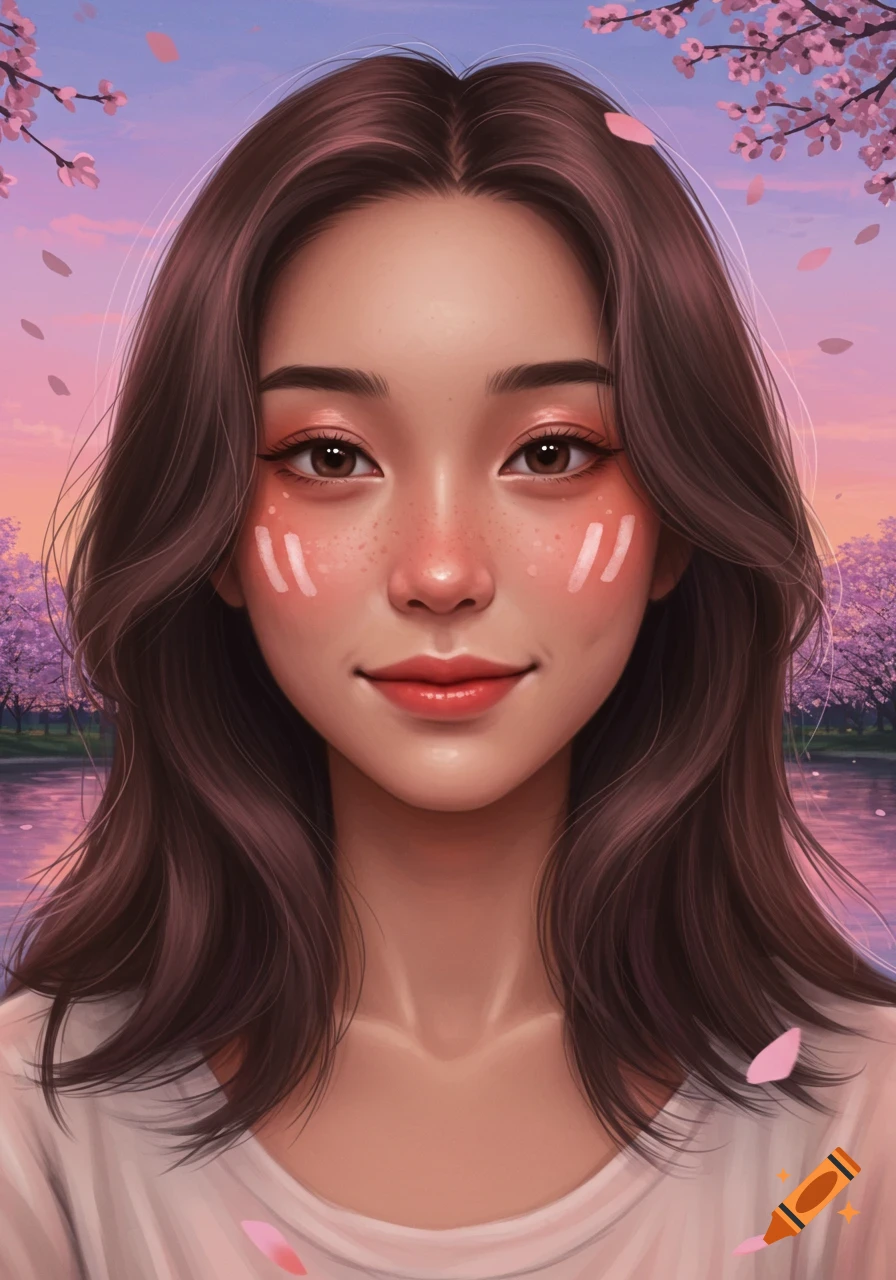 Digital painting of a young woman with long brown hair and rosy cheeks, smiling in a cherry blossom garden at sunset.