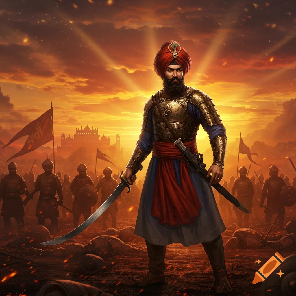 A Sikh warrior in golden armor with a red turban and blue tunic holds a sword on a battlefield at sunset, with other soldiers and a fort in the background.