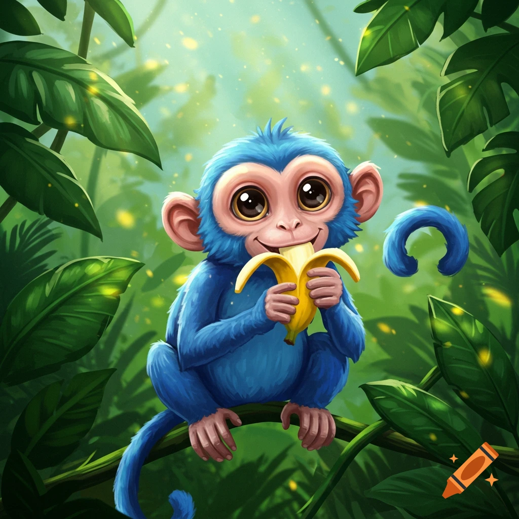 A cute blue monkey with big eyes sits on a branch in a jungle, holding a banana to its mouth.