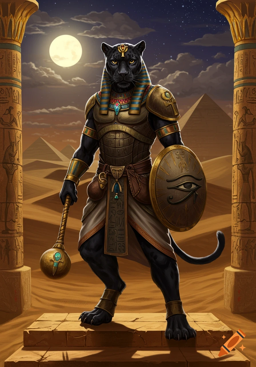 A black panther humanoid in ancient Egyptian armor, holding a mace and shield, stands between hieroglyphic columns in a desert with pyramids under a full moon.