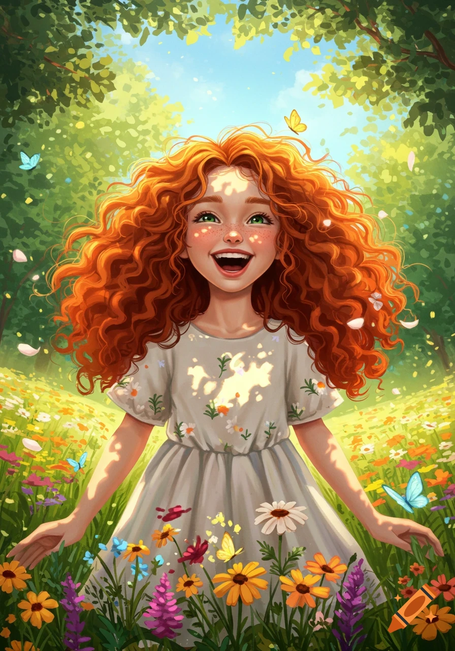 A happy red-headed girl with green eyes and freckles smiles in a sun-dappled meadow with colorful flowers and butterflies. Illustrated style.
