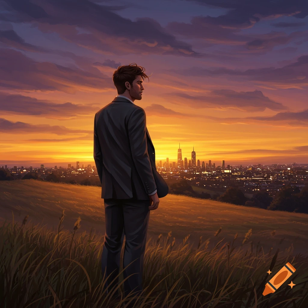 A man in a suit stands on a grassy hill, looking out at a city skyline bathed in the warm glow of a vibrant sunset.