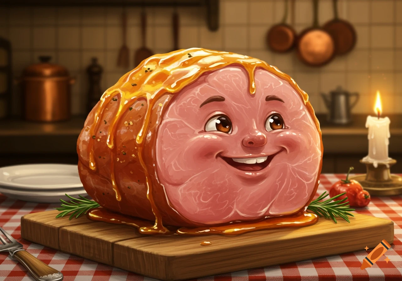 A cartoon anthropomorphic ham roast with a smiling face, covered in glaze, on a cutting board in a kitchen.