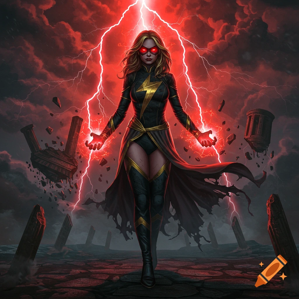 A superheroine with red glowing eyes and hands stands amidst red lightning and crumbling structures.