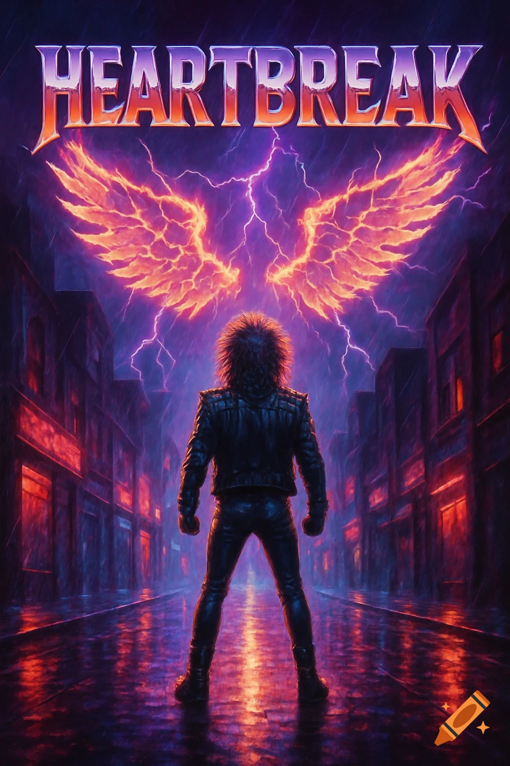 A lone figure with teased hair and leather jacket stands on a rainy city street, looking up at glowing wings and lightning with 'HEARTBREAK' text.