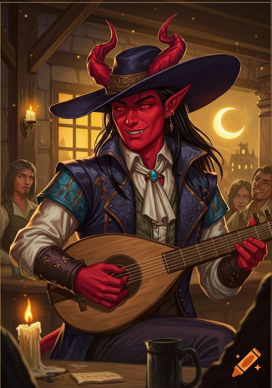 A red-skinned, horned tiefling bard in a wide hat plays a lute in a cozy, dimly lit tavern, with patrons in the background.
