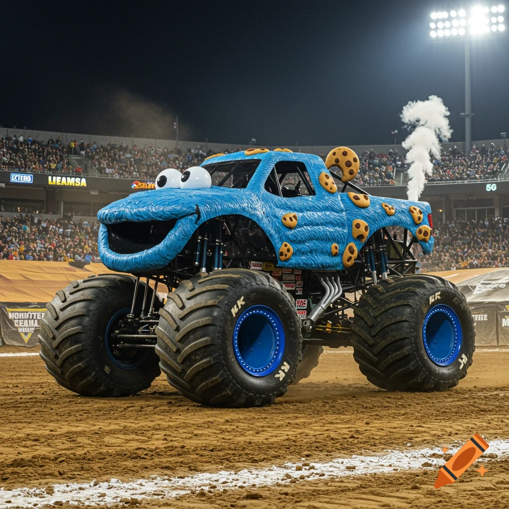 A blue Cookie Monster-themed monster truck with large eyes and cookies on its body drives on a dirt track in a stadium at night, with spectators in the background.