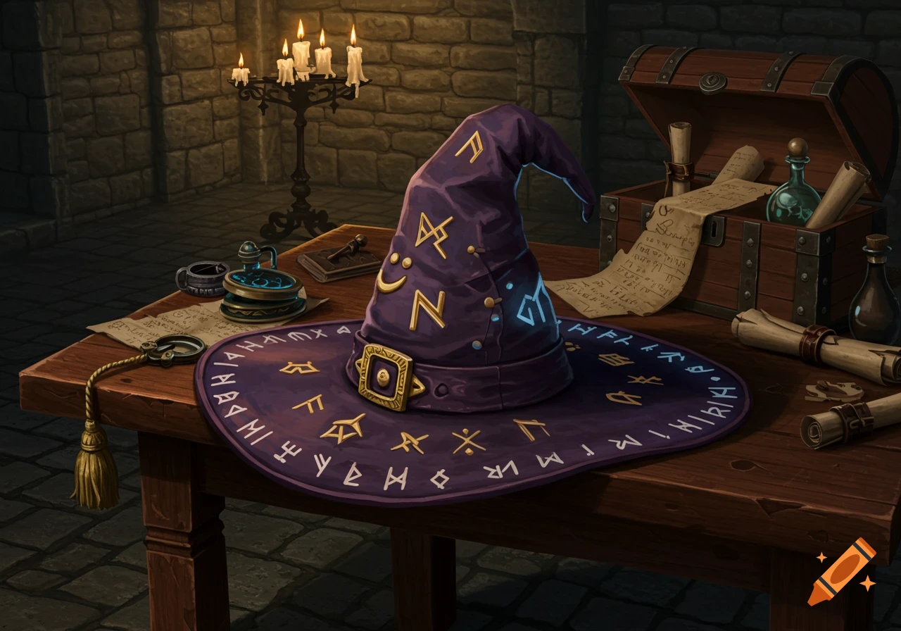 A detailed illustration of a purple wizard hat with gold and glowing runes on a wooden table with scrolls, potions, and candles in a dark stone room.