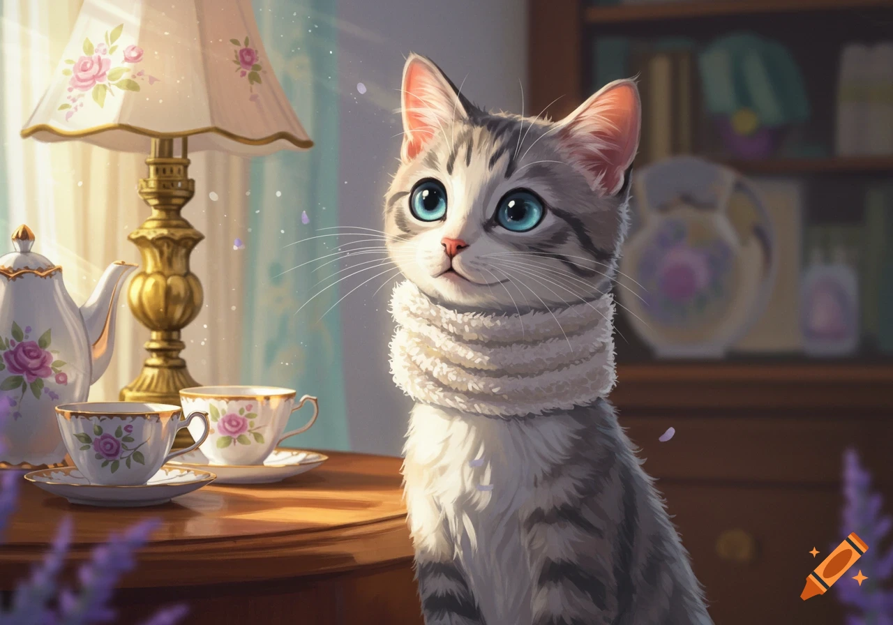 A cute grey and white tabby cat with large blue eyes wears a white scarf, sitting by a tea set and lamp.
