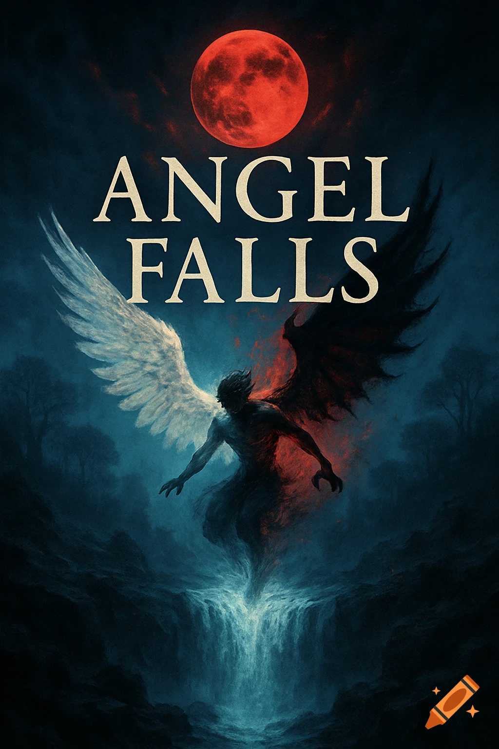 Dark fantasy book cover for 'Angel Falls' featuring a half-angel, half-demon figure falling over a waterfall under a blood red moon.