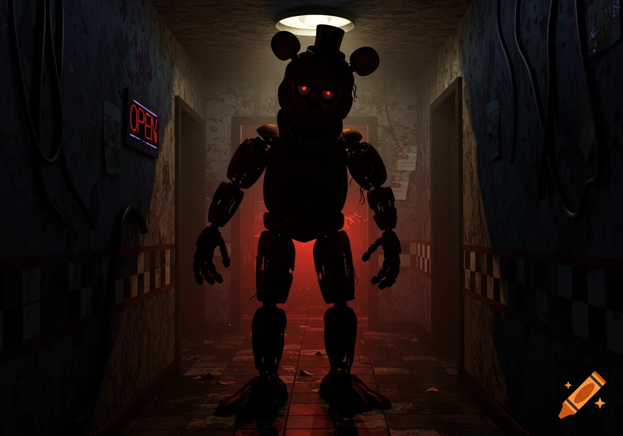 A dark, silhouetted animatronic figure with glowing red eyes stands menacingly in a dimly lit, eerie corridor with a neon 'OPEN' sign.
