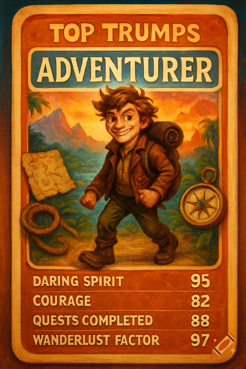 An illustrated Top Trumps style card featuring a smiling young adventurer with a backpack, titled 'ADVENTURER' with stats below.