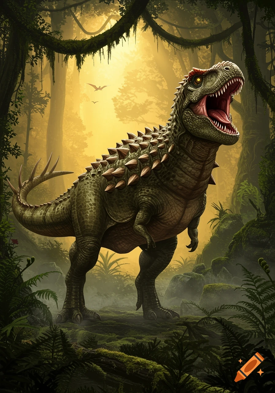 A large, green, spiky dinosaur hybrid roaring in a lush, sun-drenched jungle.