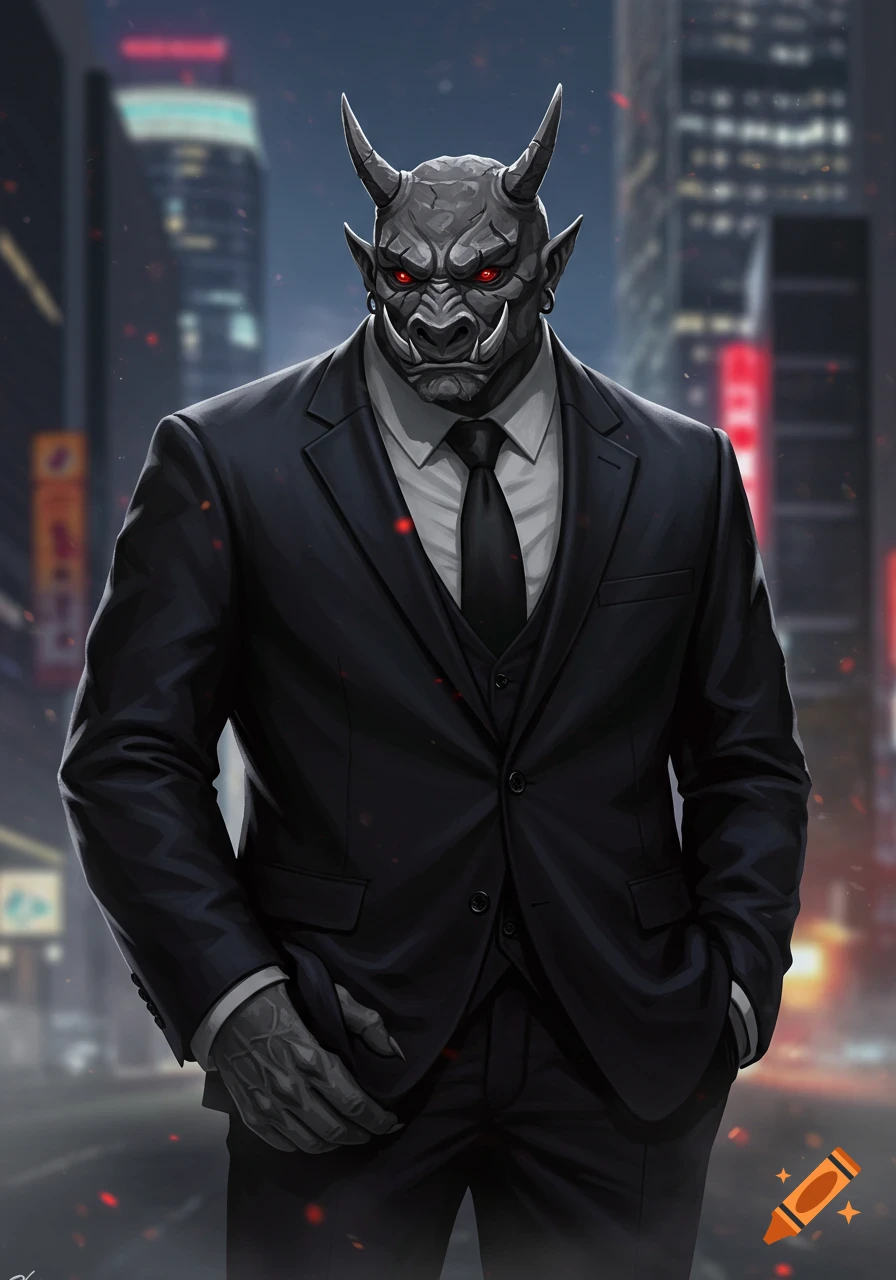 A gray-skinned Oni demon with red eyes and horns wears a black suit, standing in a dark city street.