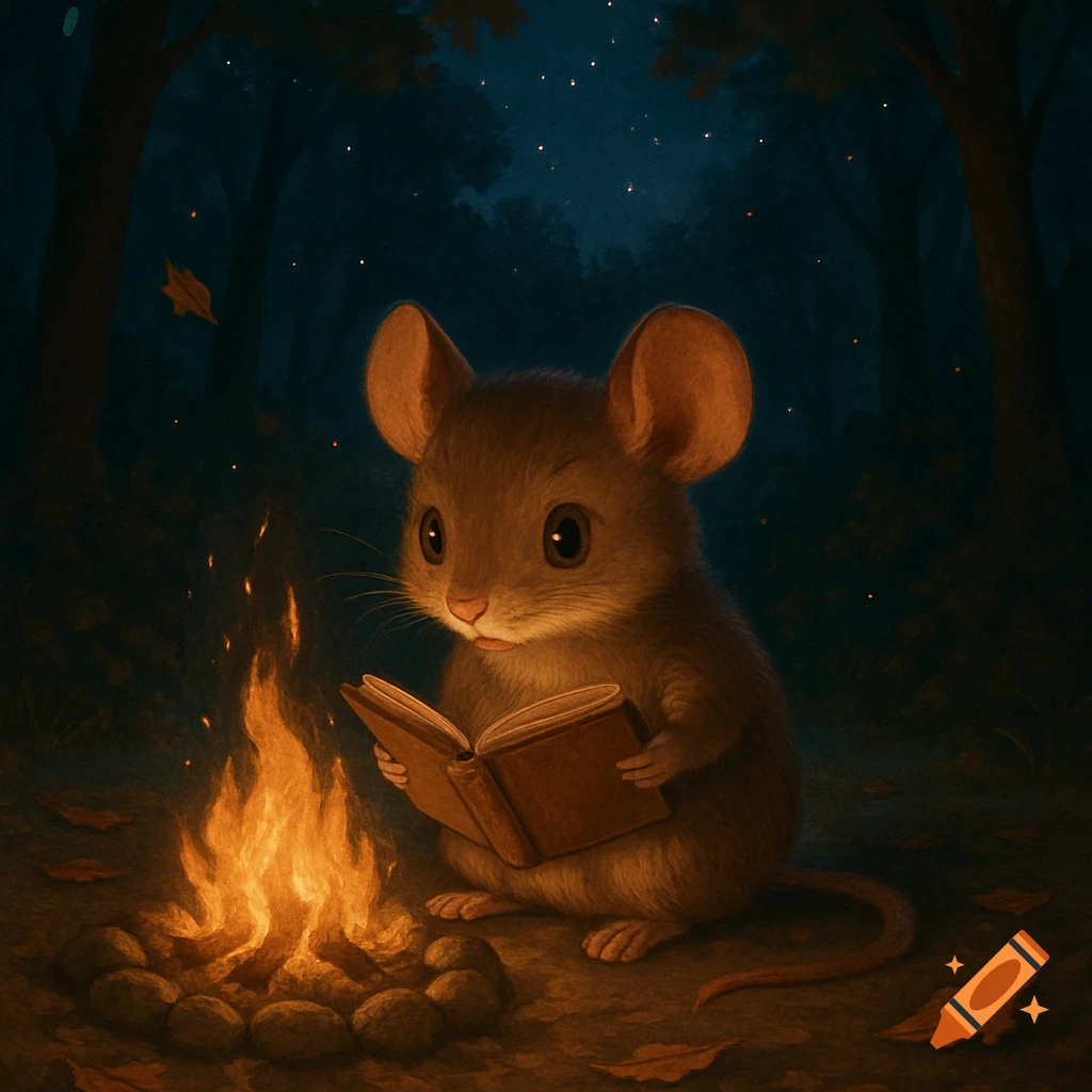 A cute mouse sits by a campfire at night, reading an open book in a dark forest with twinkling lights.