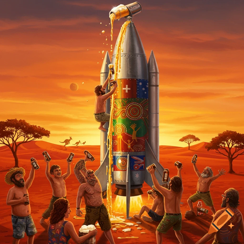 An illustration depicts a group of Australians in a desert landscape, cheering and pouring beer onto a rocket ship under an orange sky.