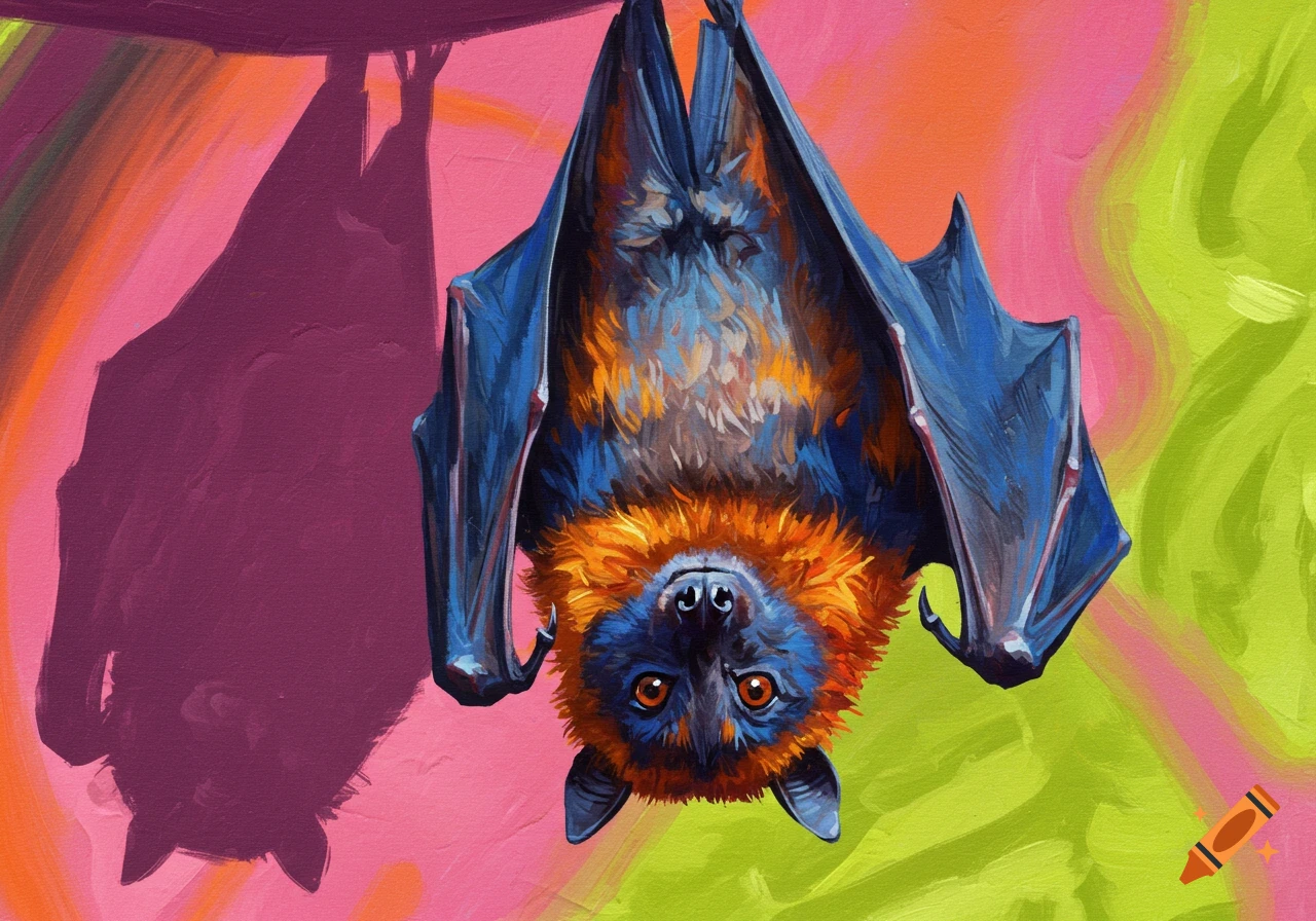 Fauvist painting of a colorful bat with orange fur and blue wings hanging upside down against a vibrant pink and green background.
