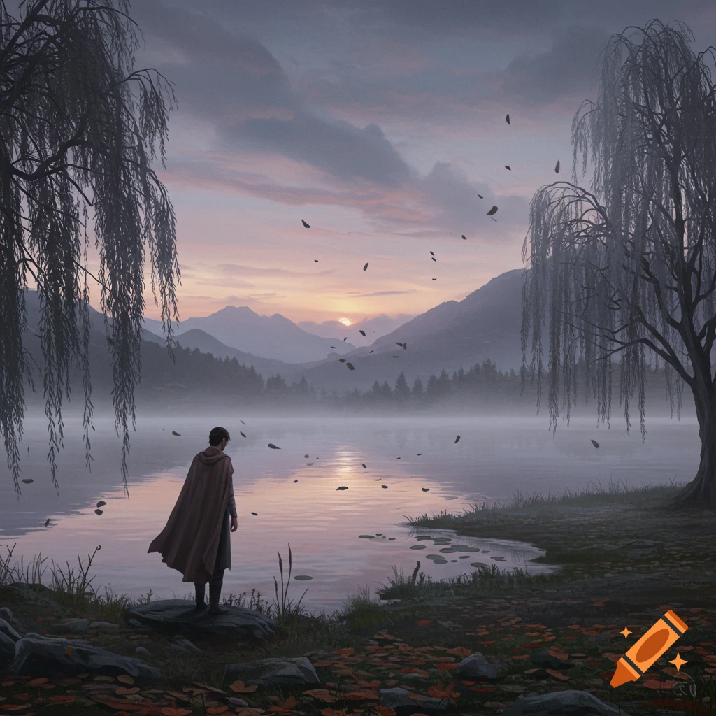A person in a cape stands by a misty lake at sunset with willow trees and mountains.
