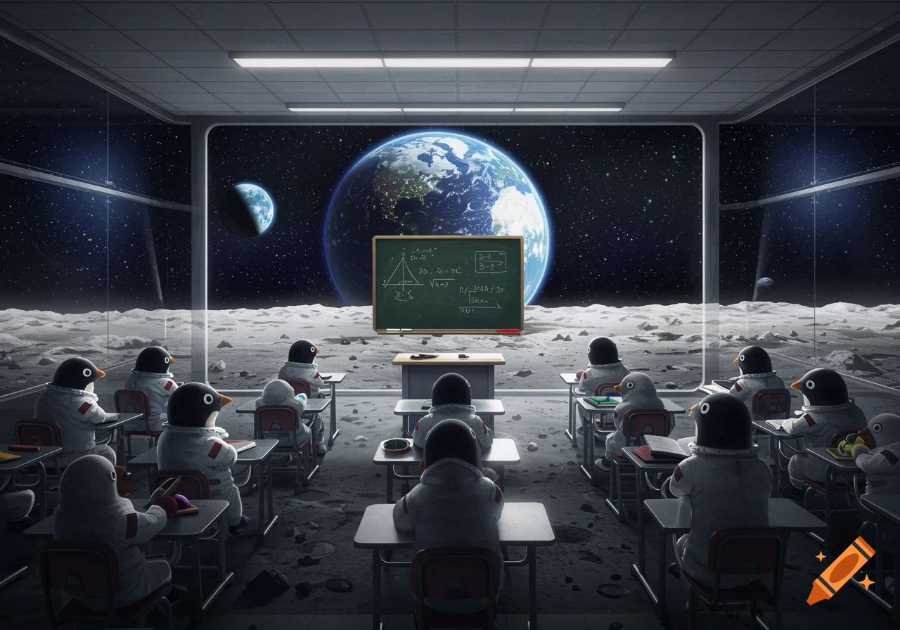 Penguin students in astronaut suits sit in a classroom on the moon with Earth visible through a large window.
