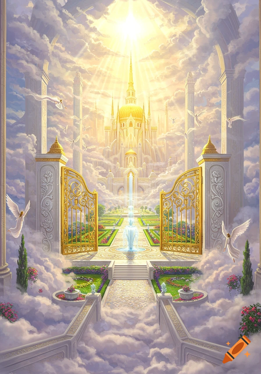 A grand, bright golden castle with open gates in a heavenly kingdom, surrounded by clouds, angels, and radiant light.