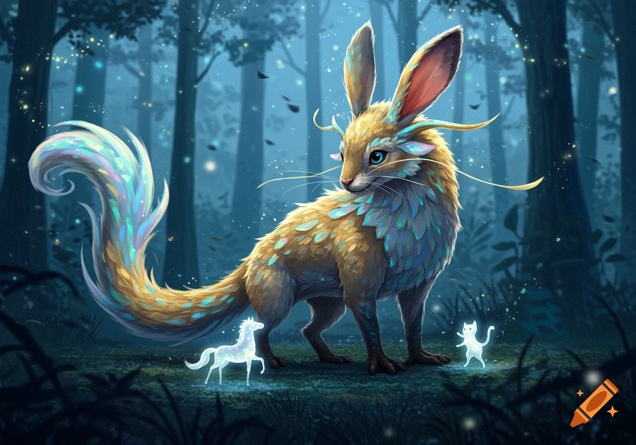 A mythical rabbit-fox creature with iridescent fur and a glowing tail stands in a mystical forest with two glowing spirit animals.