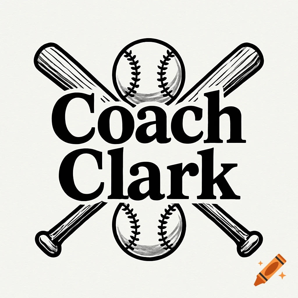A black and white logo featuring two crossed baseball bats and two baseballs, with the words 'Coach Clark' in the center.