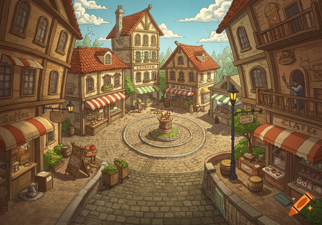 A charming cartoon village square with cobblestones, a central fountain, and shops with awnings under a bright sky.