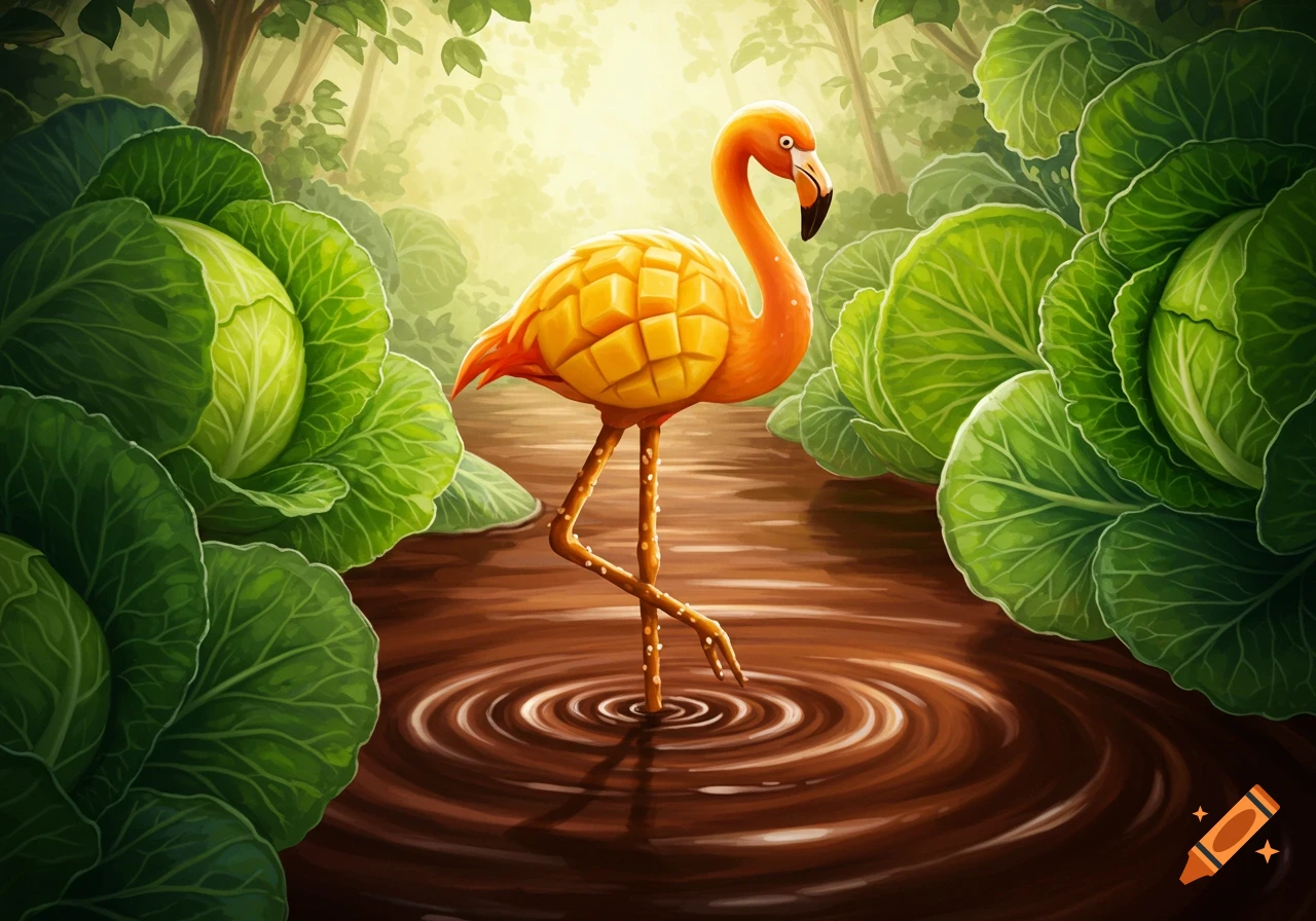 A whimsical flamingo with a mango body and pretzel legs stands in a chocolate river, surrounded by large green cabbage leaves.