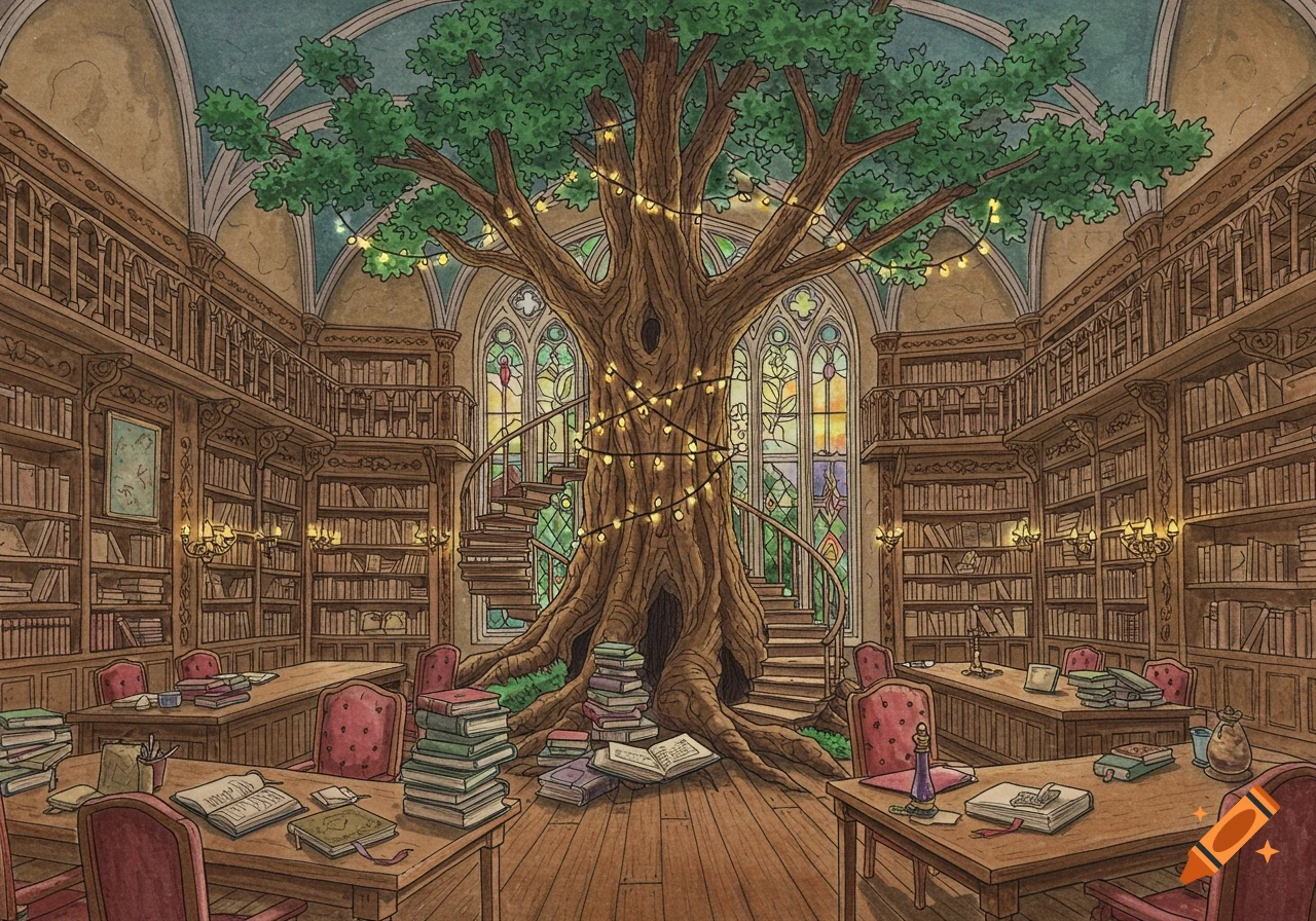 Illustration of a magical library with a large tree wrapped in lights and a spiral staircase at its center. Bookshelves line walls; tables hold stacks of books.