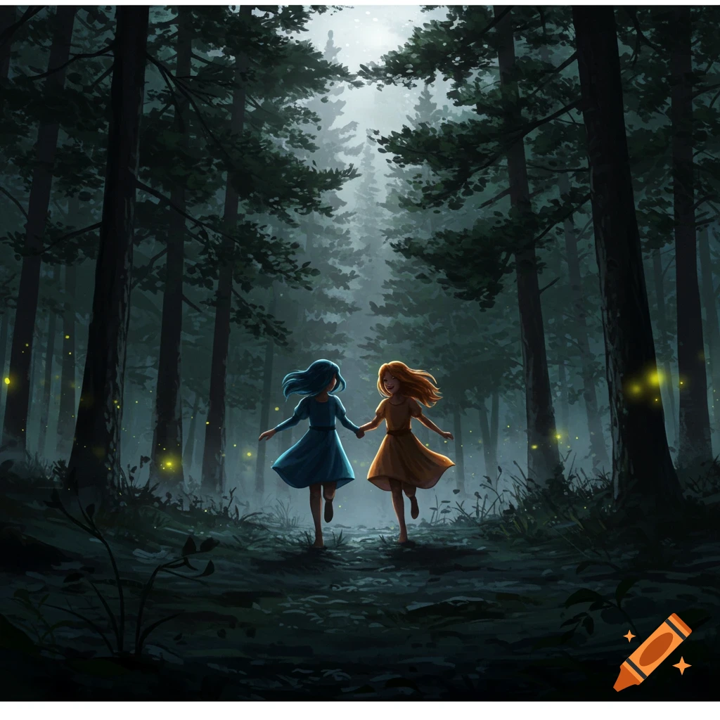 Digital art of two girls running hand-in-hand through a dark, mystical forest with glowing fireflies.