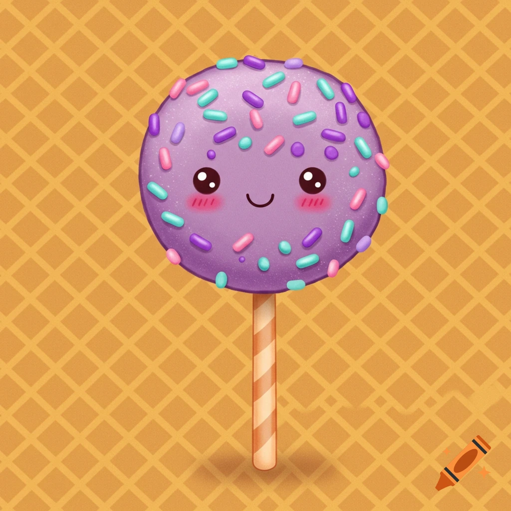A smiling cartoon cake pop with purple, pink, and teal sprinkles on a waffle-textured background.