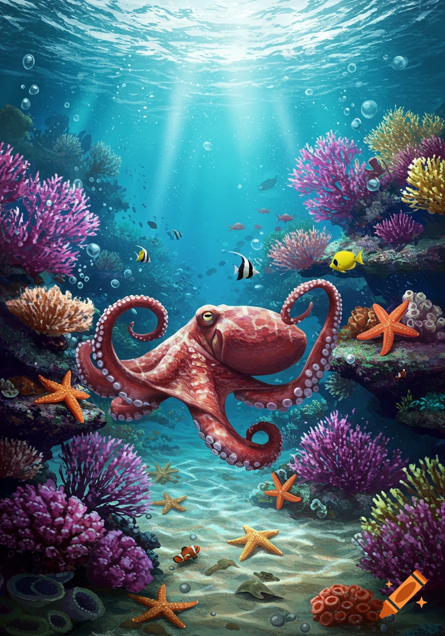 A vibrant illustration of an octopus swimming in a colorful coral reef with various fish and starfish. Light beams from the surface.