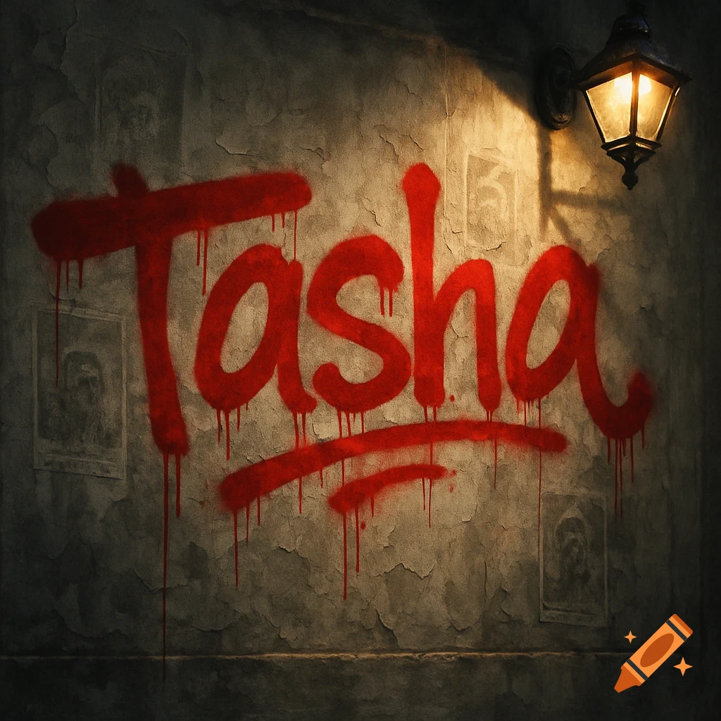 Red spray-painted 'Tasha' with drips on a grungy wall under a glowing street lamp.