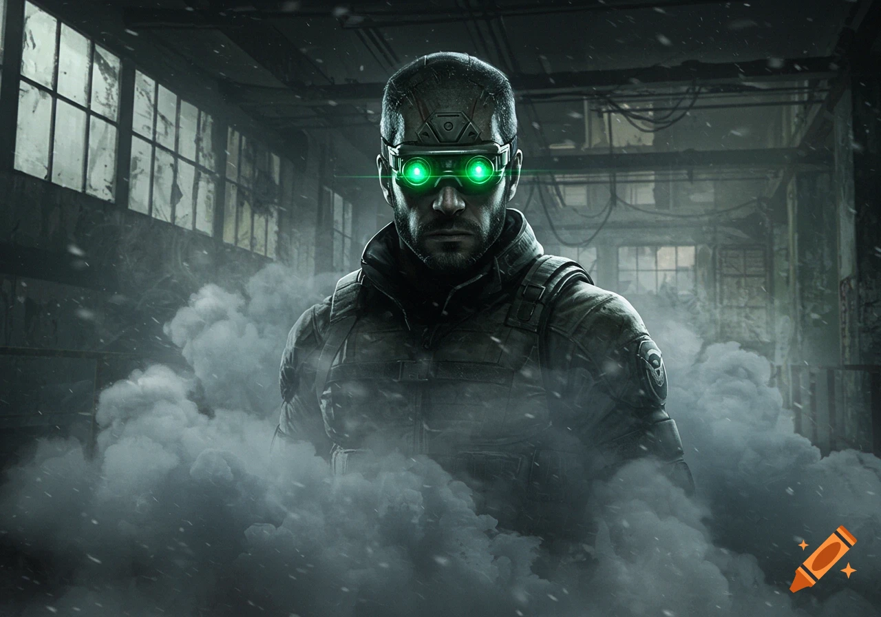Photorealistic image of Sam Fisher from Splinter Cell, wearing green night vision goggles, standing in smoke within a dark, ruined building.