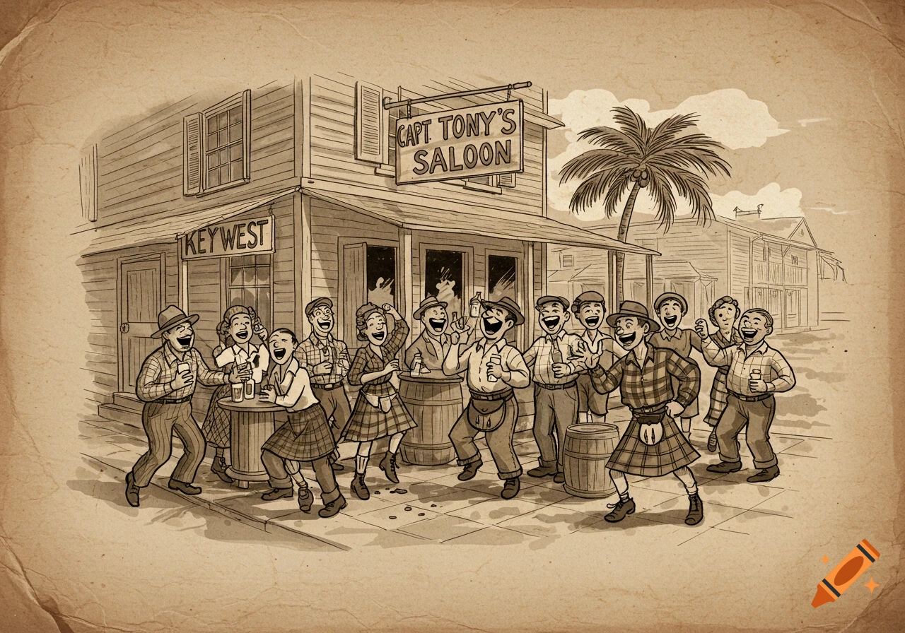 Vintage cartoon drawing of people in kilts and flannel shirts partying outside Capt. Tony's Saloon in Key West.