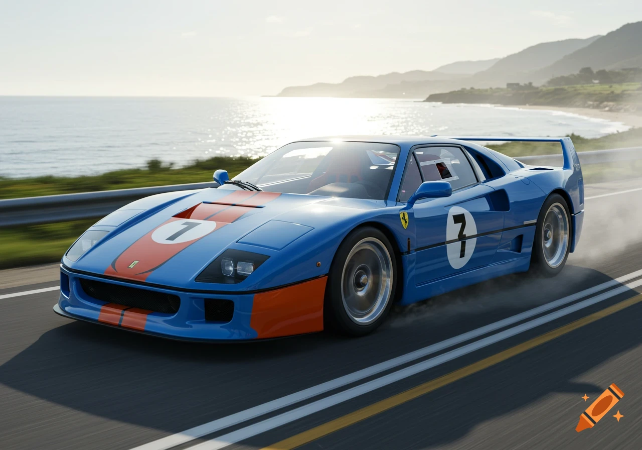 A blue and orange Ferrari F40 race car with the number 7 drives on a sunny coastal road next to the ocean.