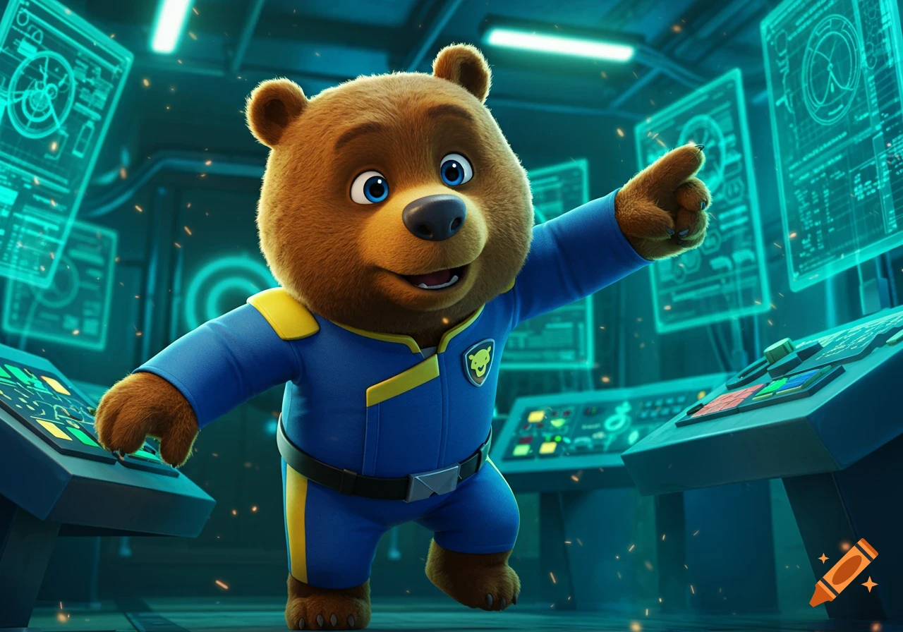 A cute brown cartoon bear in a blue and yellow space uniform points in a futuristic control room with glowing blue screens.