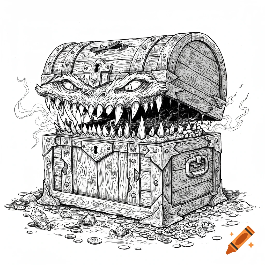 Detailed black and white line art illustration of a mimic treasure chest with a monstrous mouth open, surrounded by coins.