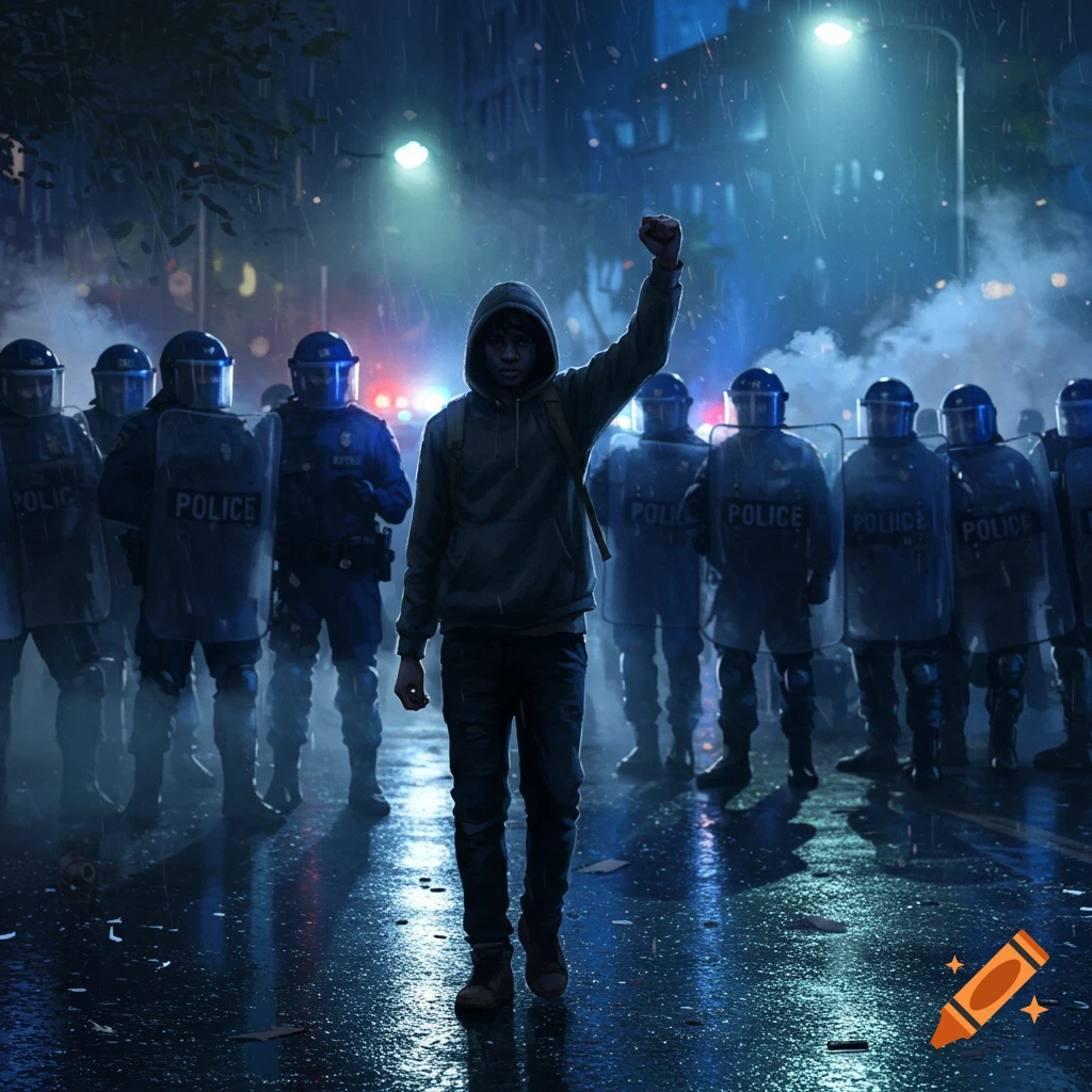 A lone protester raises a fist on a rainy city street at night, facing a line of police in riot gear.