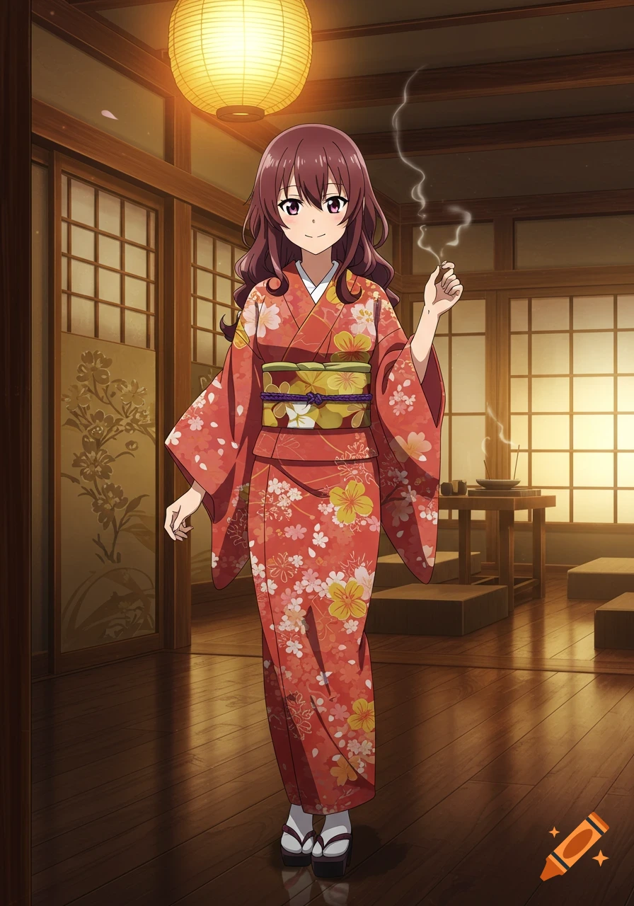 An anime girl with brown hair in a red floral kimono holds a smoking incense stick in a traditional Japanese room.