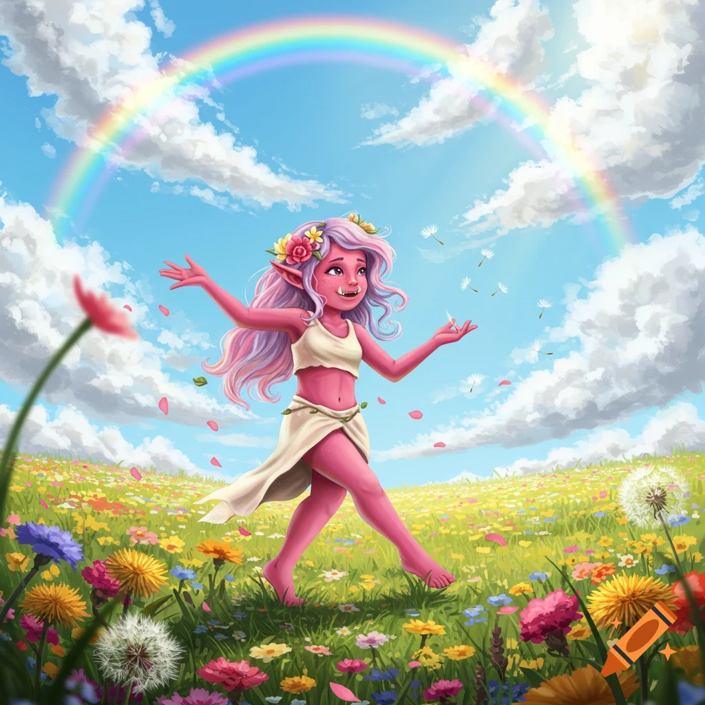 A pink-skinned orc with lavender hair and flower crown dances in a vibrant wildflower field under a bright rainbow.