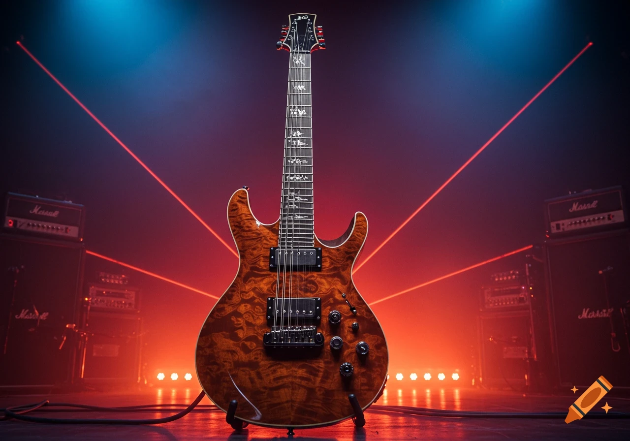 A detailed shot of an 8-string electric guitar with a reddish-brown body and black hardware on a dark stage with red lasers and blue/red lighting.