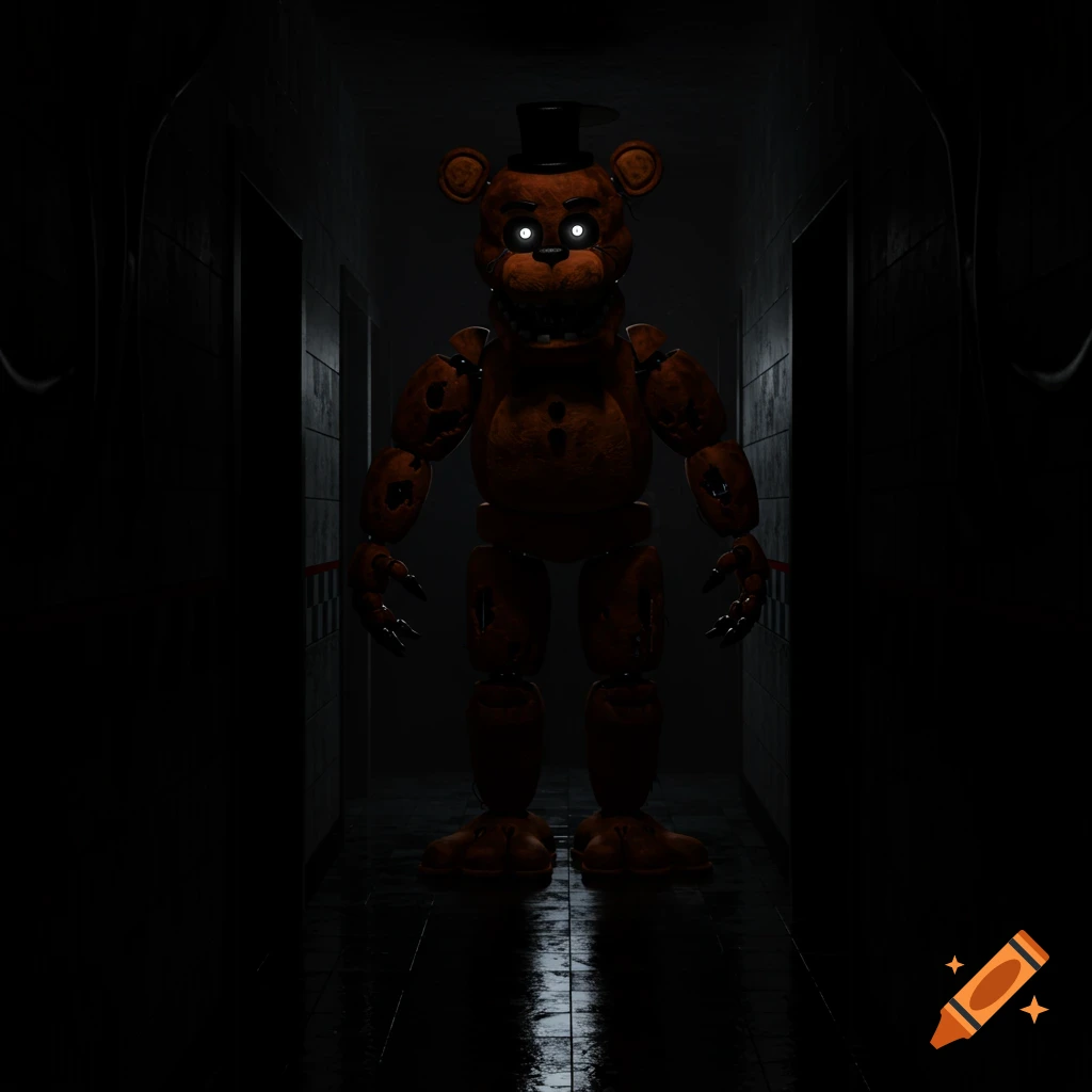 A hyperrealistic photograph of Freddy Fazbear, a brown animatronic bear with a top hat and glowing eyes, standing in a dark, wet hallway.