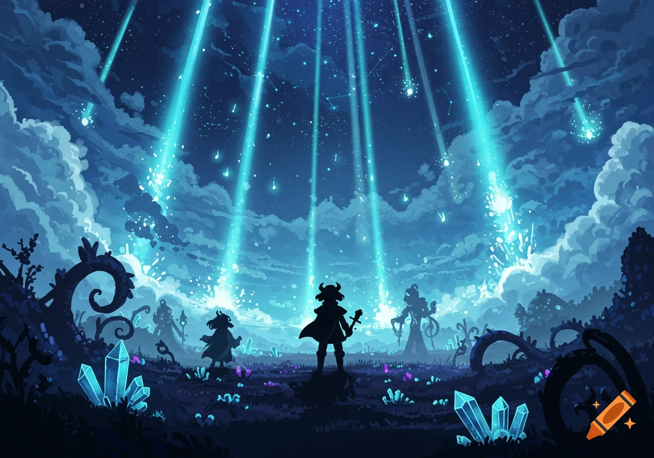 Silhouettes of characters stand in a dark, vibrant landscape with glowing blue crystals and light beams descending from a starry, cloudy sky.