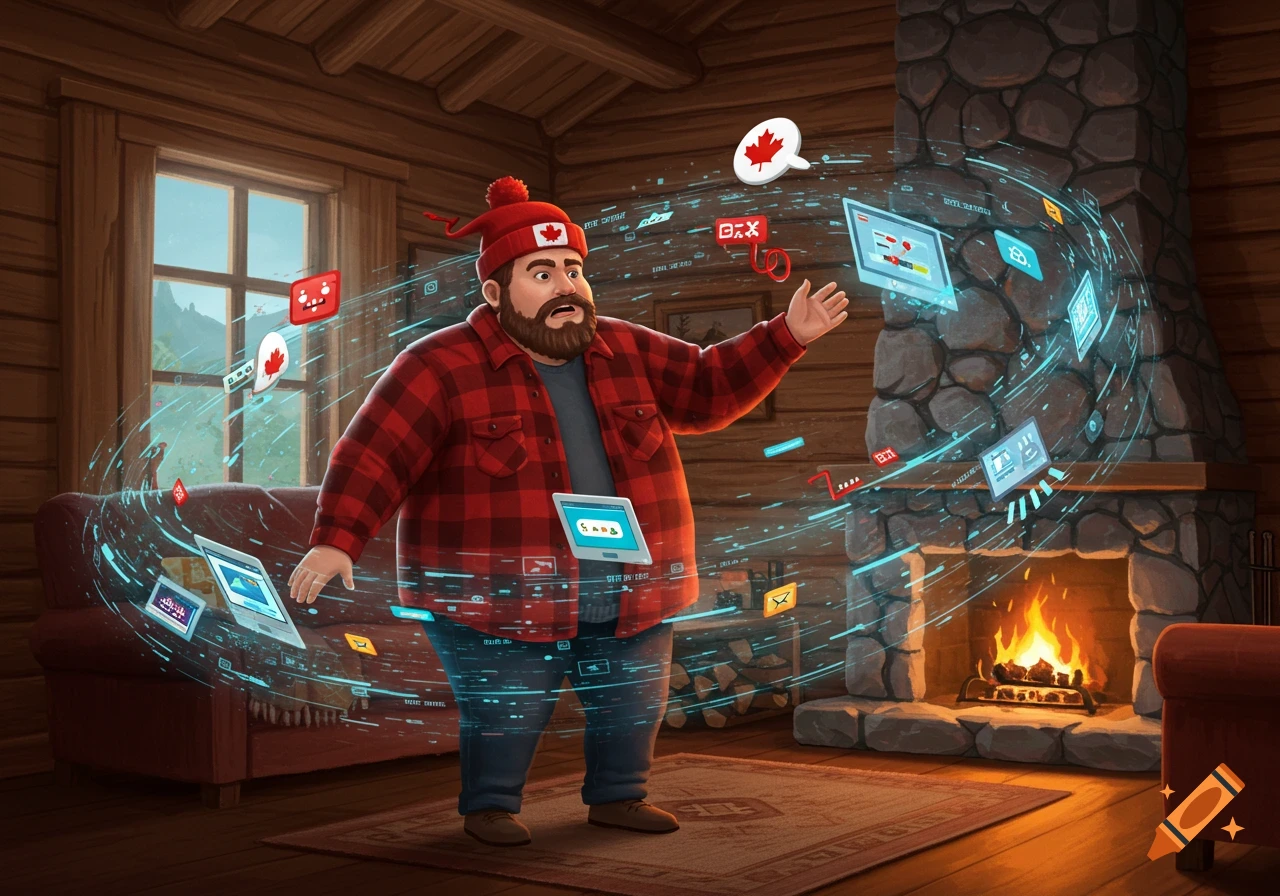 An overweight man wearing a plaid shirt and a red toque with a maple leaf on it, looks surprised as digital icons and data streams swirl around him in a cozy log cabin.