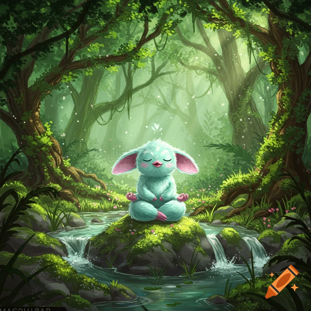 A fluffy blue creature with pink ears meditates on a mossy rock in a vibrant, lush green forest with a stream.